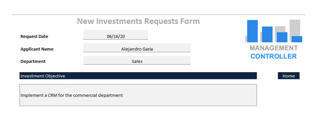 New Investments Requests Form Free Excel spreadsheet